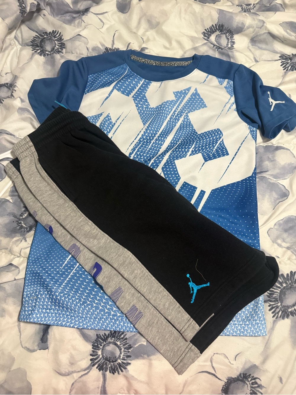 Jordan Kids Black and Gray Shorts with Blue Jumpman